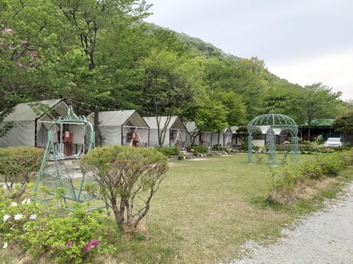 잔디밭과 정원 둘레로 캔버스 글램핑 텐트가 줄지어 선 모습, 오른쪽에 철제 정자