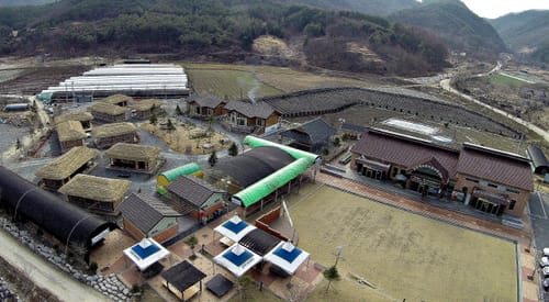 산자락 아래 초가지붕 숙소와 체험 건물, 잔디 운동장이 모인 농촌사랑학교를 위에서 본 모습