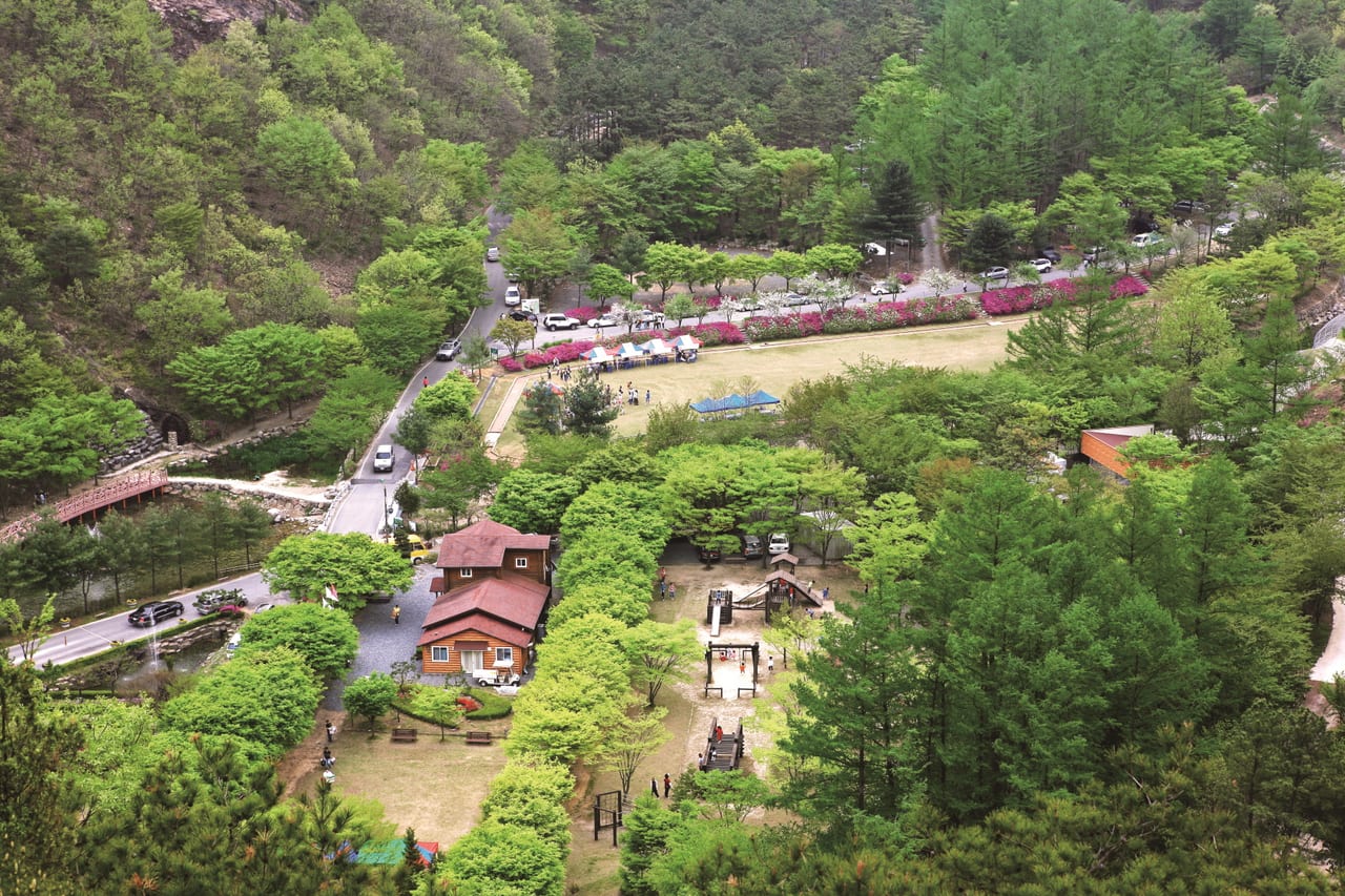 숲에 둘러싸인 고산자연휴양림의 잔디밭과 놀이터, 붉은 지붕 건물을 위에서 내려다본 모습